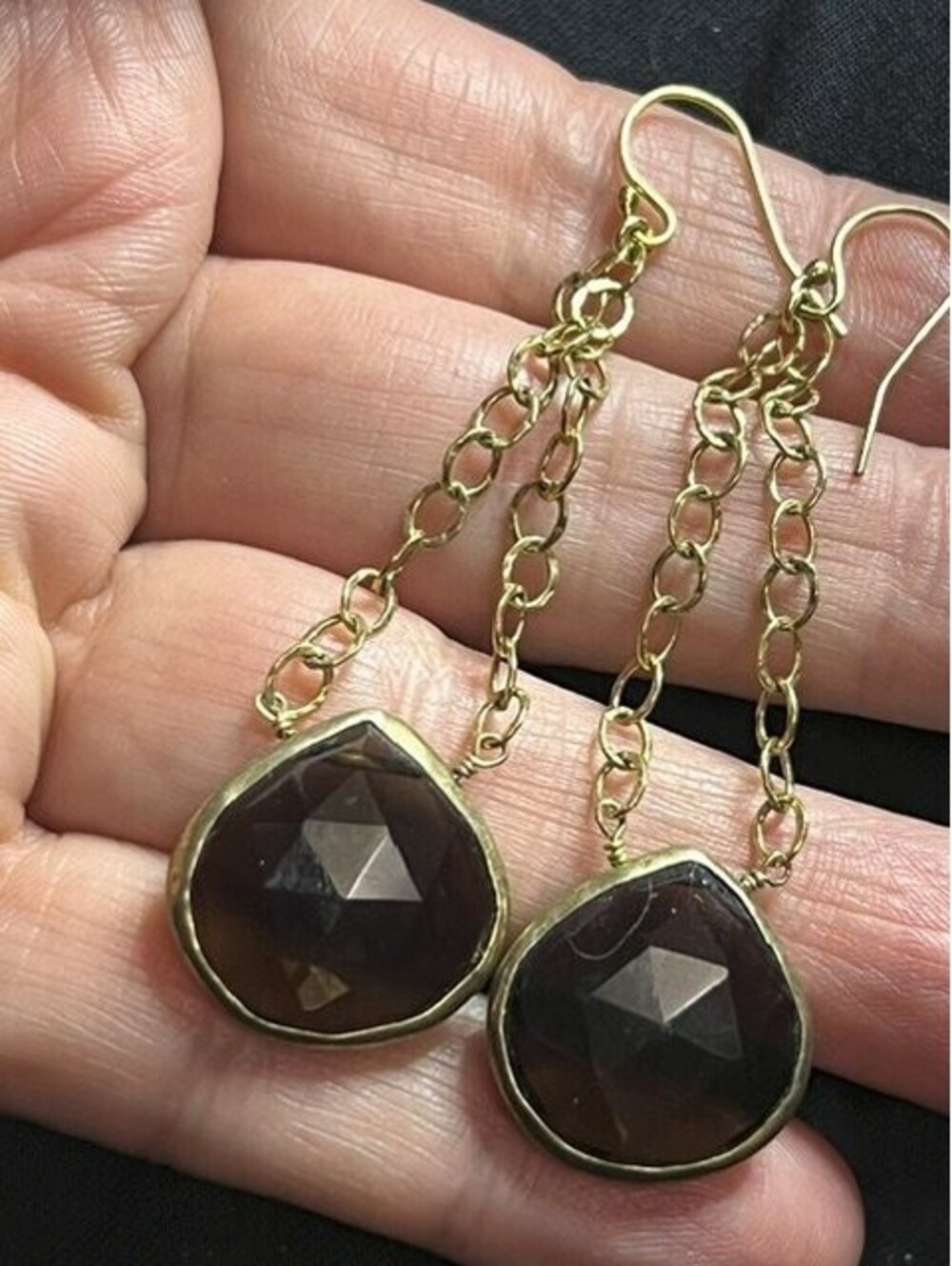 B7054 14K Gold Filled Dangle Earrings Smoky Quartz Bezel Set Gemstone 2.75"